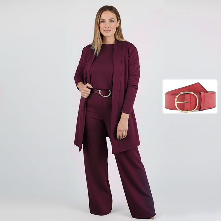Dorren - Elegante Conjunto de Tres Piezas Con Cárdigan Largo, Top y Pantalón