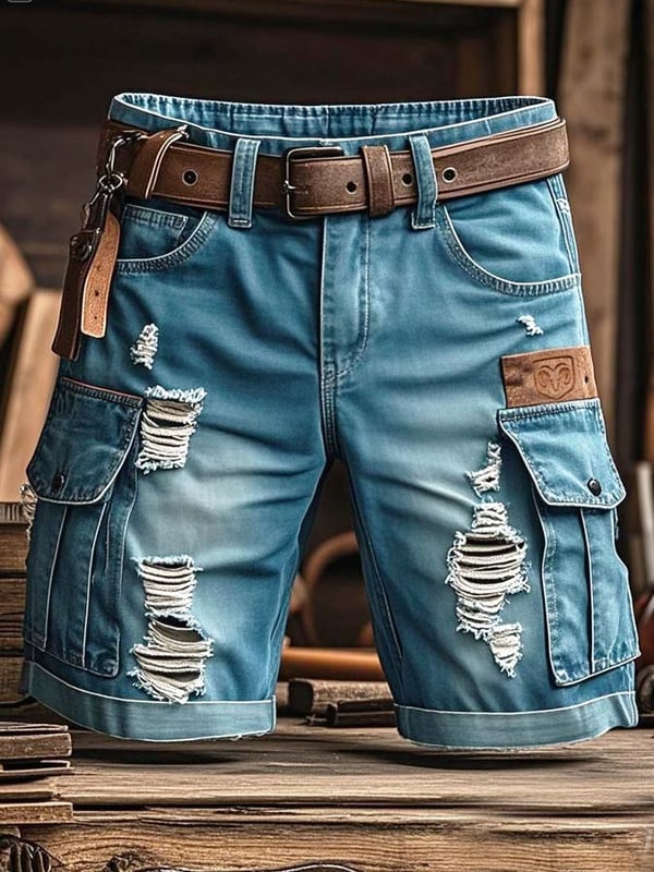 Pantalones Cortos Vaqueros Rotos Funcionales Vintage Para Hombre