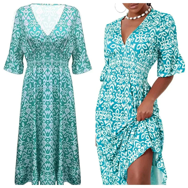 Yiska - Vestido Florales con Cuello en Pico