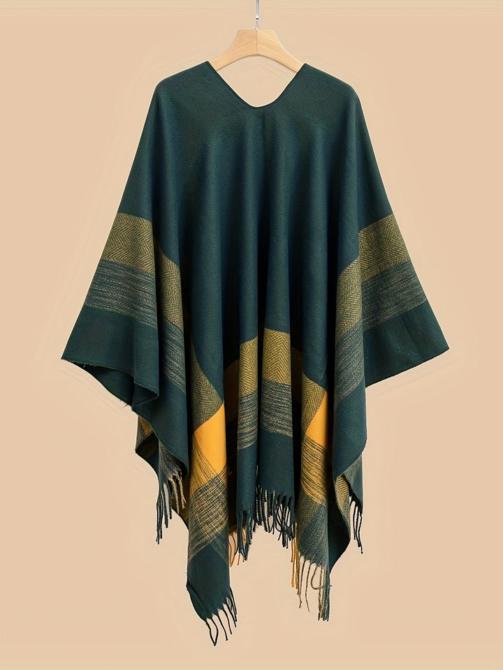 Kyrine - Poncho Chal Con Flecos Y Estampado Geométrico