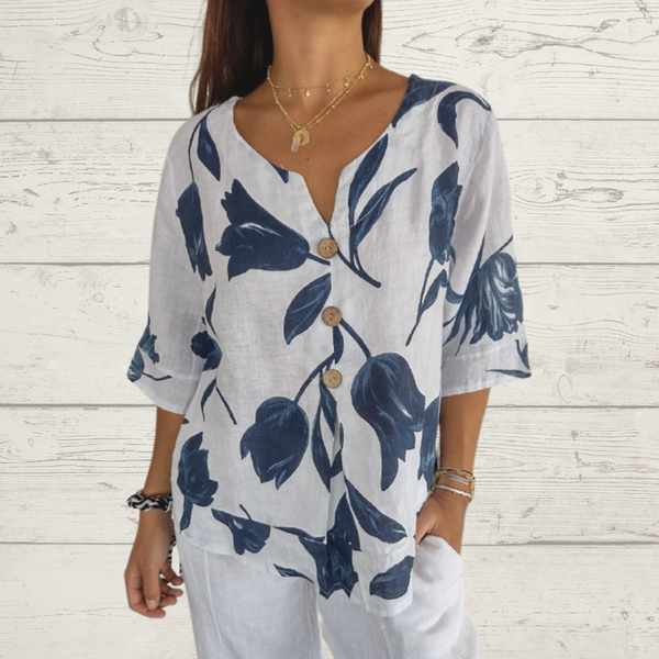 Despoina - Elegante Top Con Estampado Floral y Botones