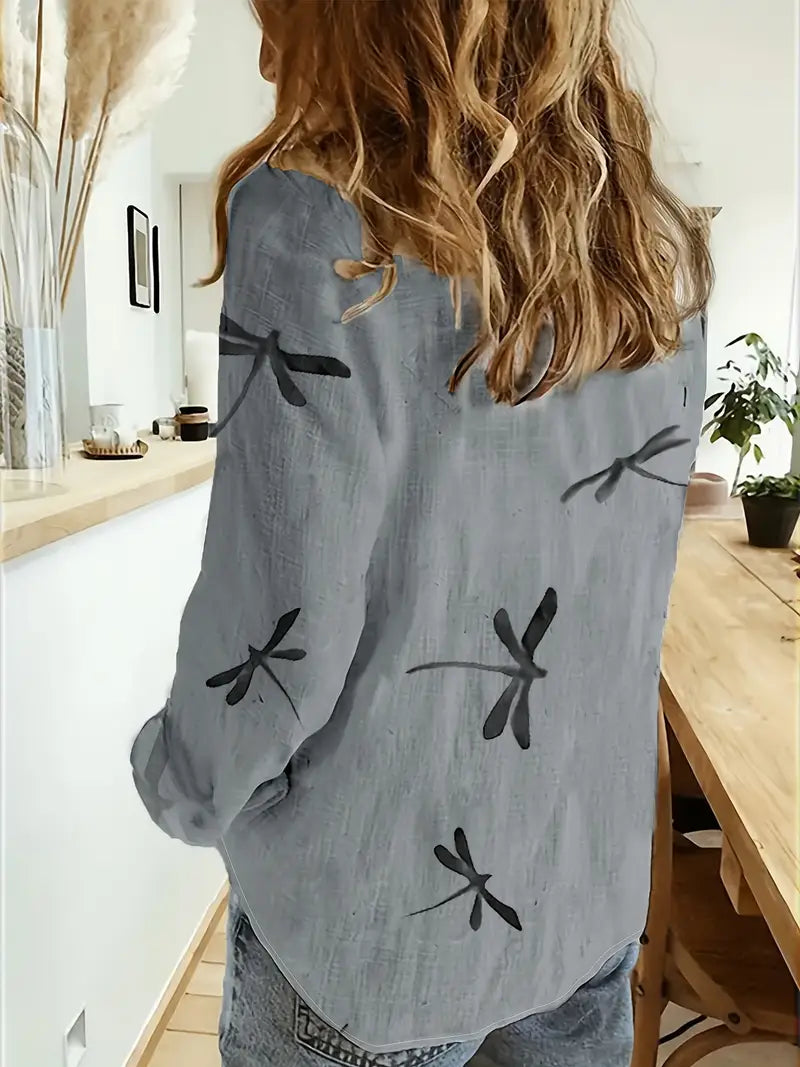 Melek - Camisa Informal Holgada Con Estampado De Libélulas