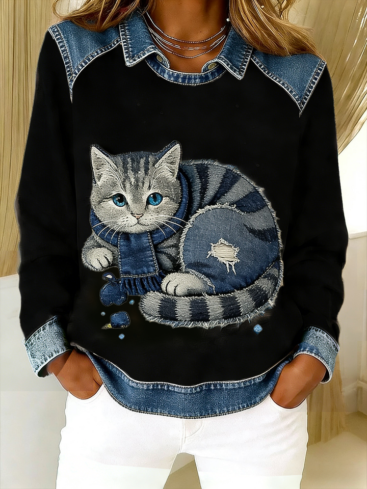 Eponin - Sudadera Retro Con Parche De Denim Con Estampado De Gatos