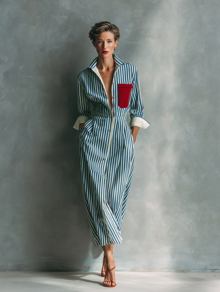 Makeda - Vestido Camisero a Rayas Con Bolsillo en El Pecho