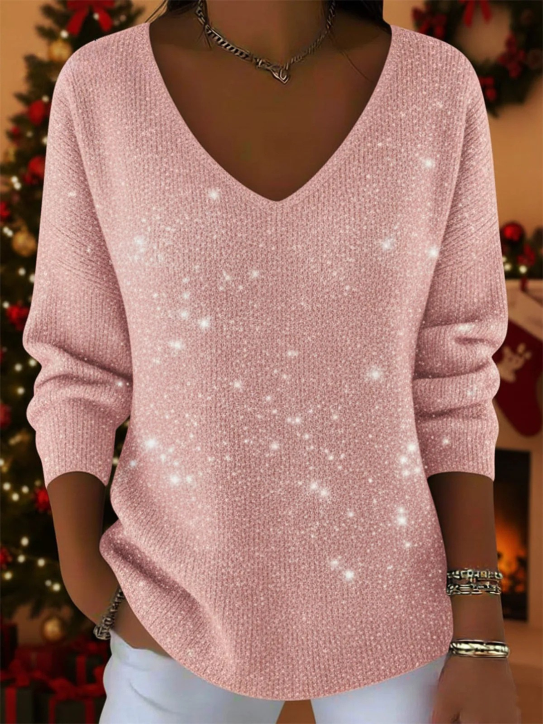 Falyn - Elegante Jersey Brillante Con Cuello En V