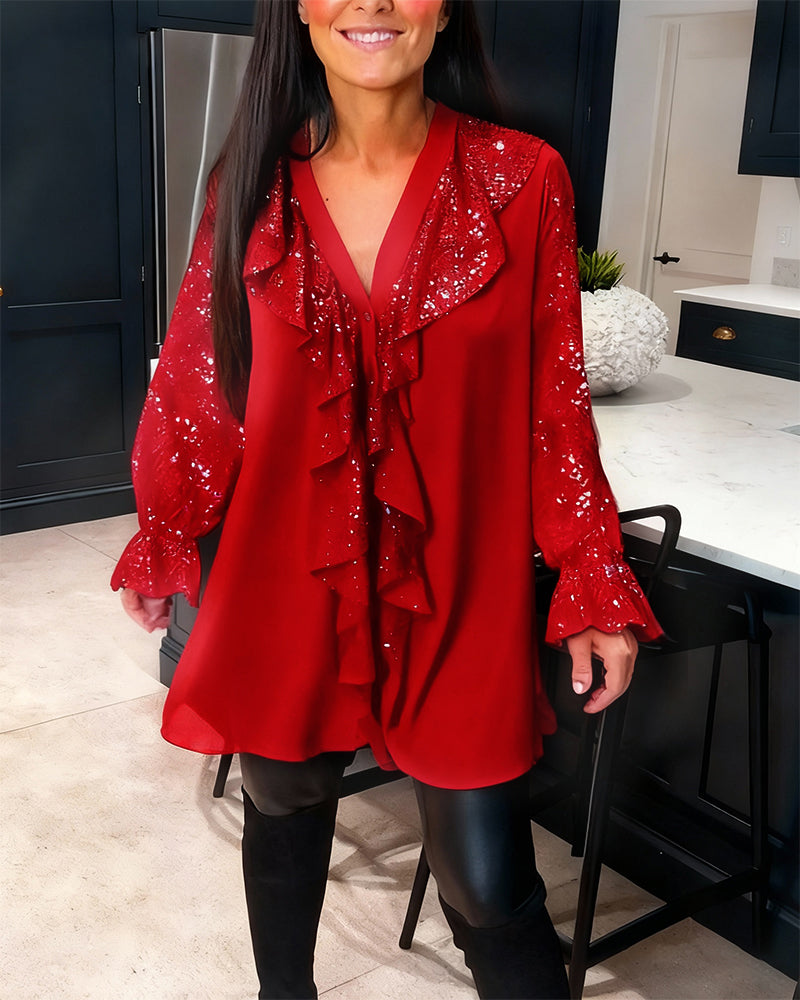 Alexiss - Blusa Con Cuello En V y Volantes Brillantes