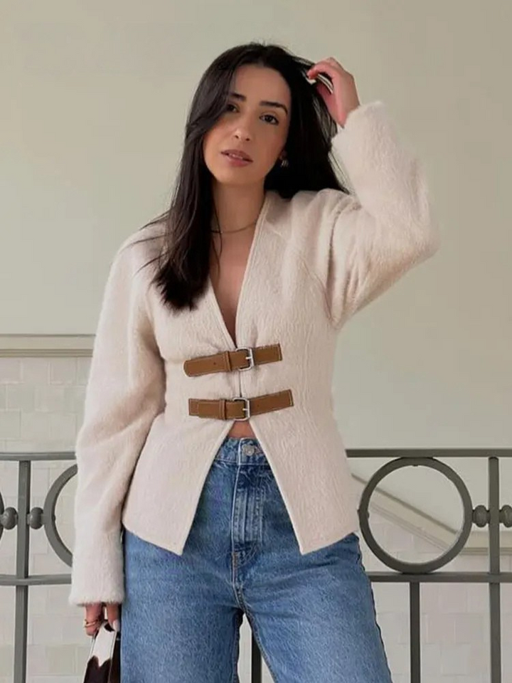 Larisa - Abrigo de Lana con Hebilla de Cuero Retro