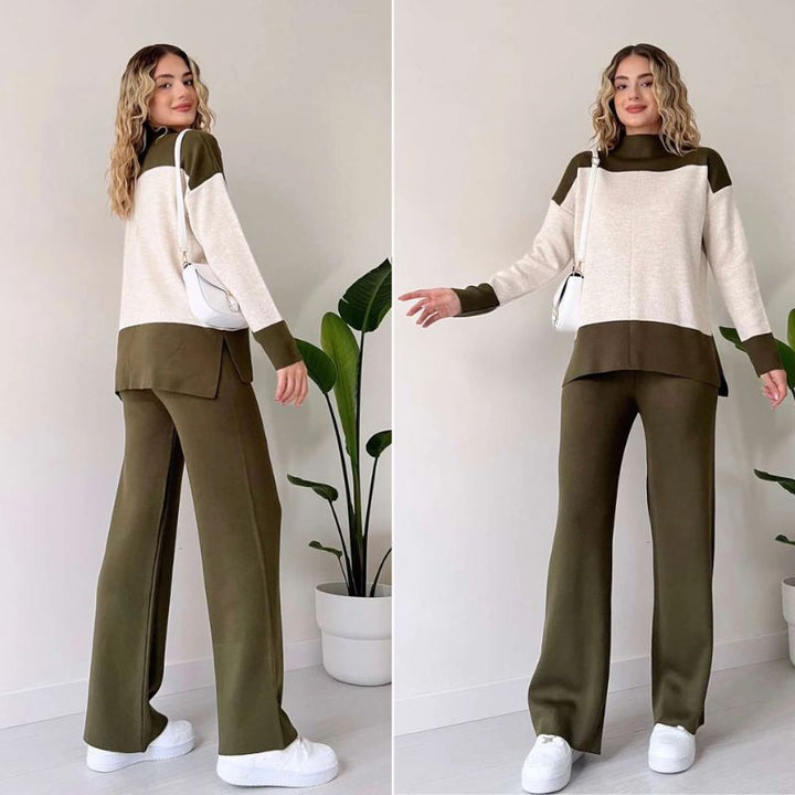 Wenja - Conjunto de dos Piezas top de Cuello Redondo y Pantalón Ancho