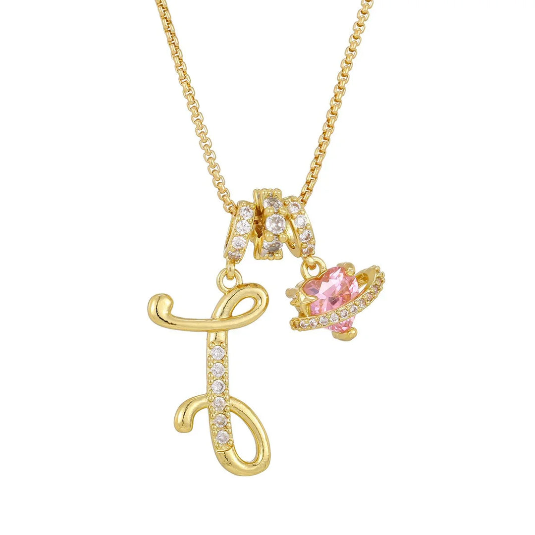 Nerute - Collar Con Inicial y Colgante de Corazón Rosa