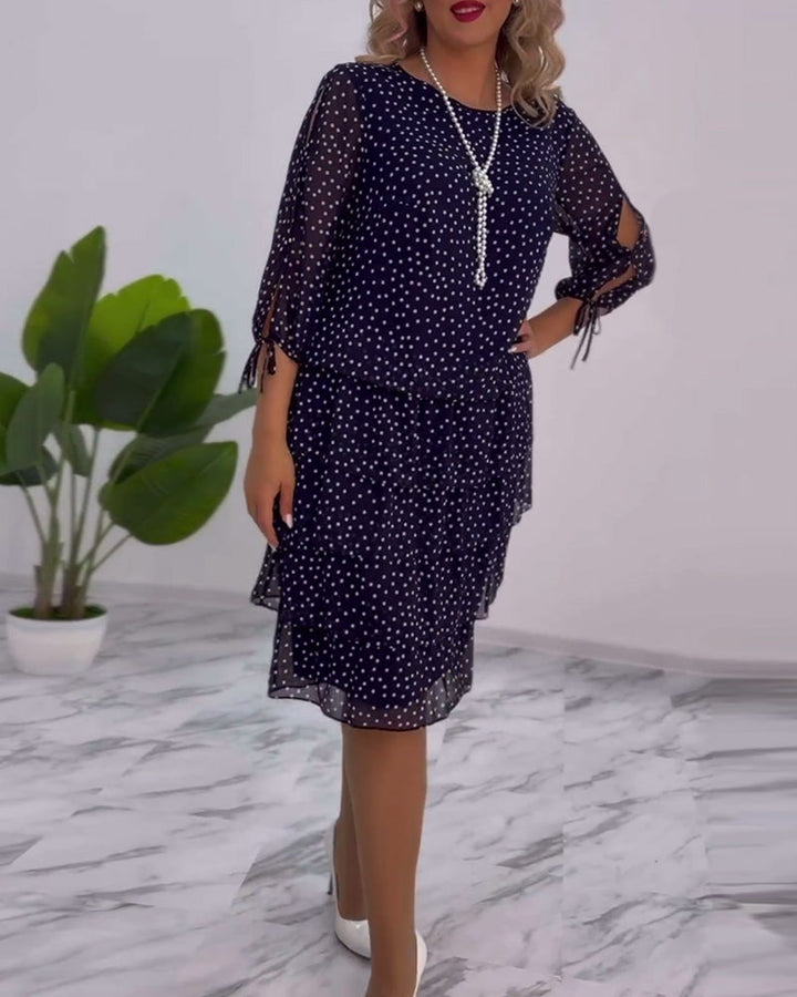 Eralyn - Vestido Escalonado Con Estampado De Lunares y Mangas Con Lazo y Abertura