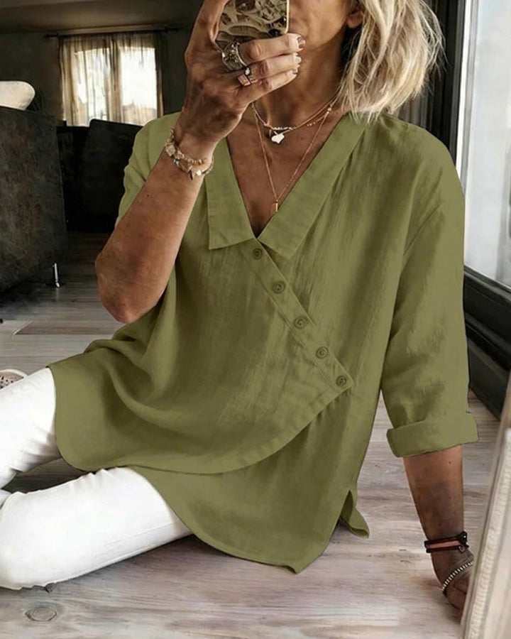 Ritienne - Blusa Cómoda Con Cuello Y Botones Asimétricos