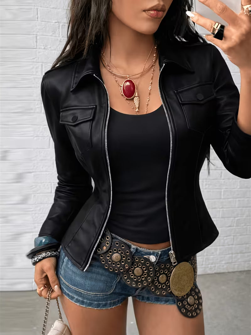Shiona - Chaqueta De Cuero Con Bolsillos Delanteros