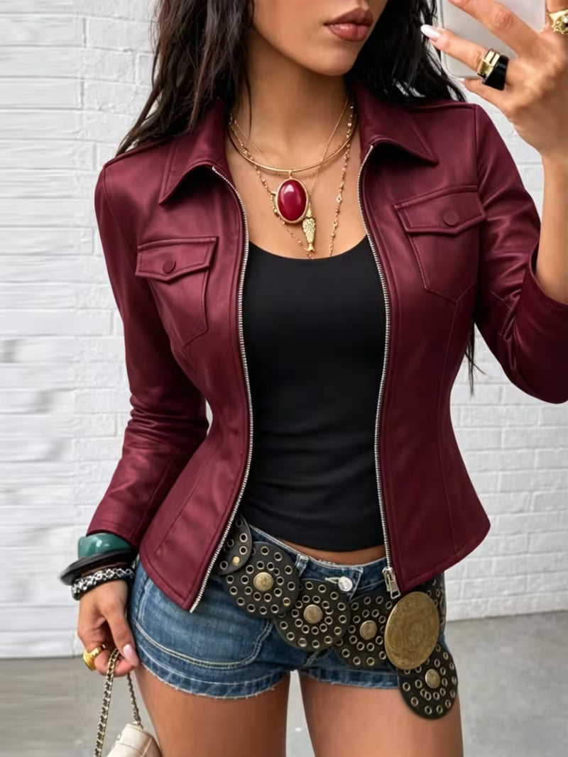 Shiona - Chaqueta De Cuero Con Bolsillos Delanteros