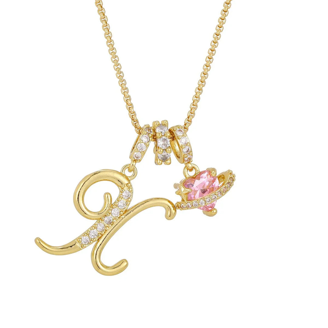 Nerute - Collar Con Inicial y Colgante de Corazón Rosa