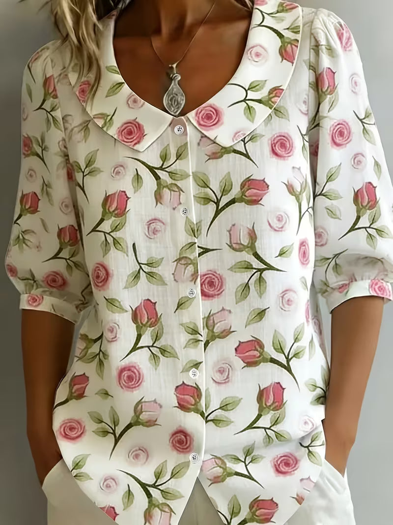 Alvique - Blusa De Manga Corta Con Cuello Estampado Floral