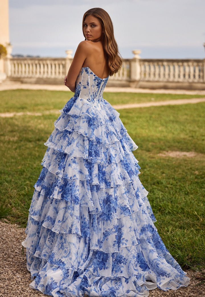 Miolina - Vestido De Noche Sin Tirantes Con Volantes y Capas