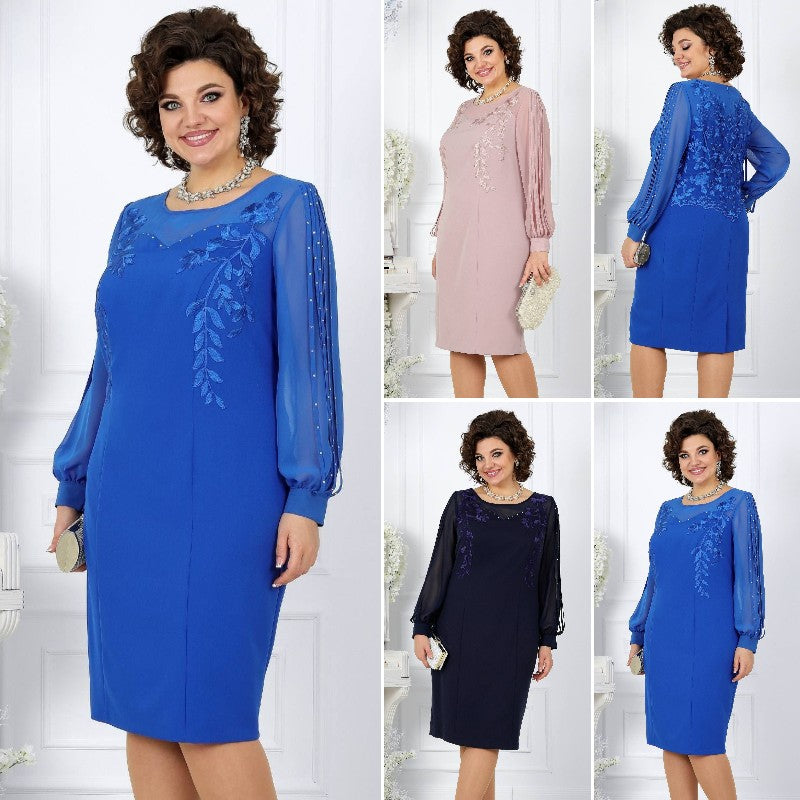 Katreen - Elegante Vestido De Manga Larga Con Bordado Floral