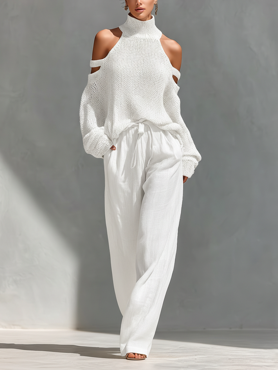 Elyzia - Conjunto De Top De Punto y Pantalones Anchos