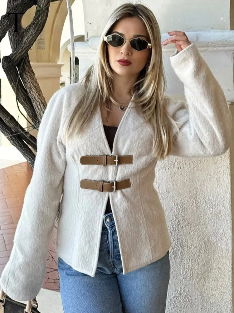 Larisa - Abrigo de Lana con Hebilla de Cuero Retro