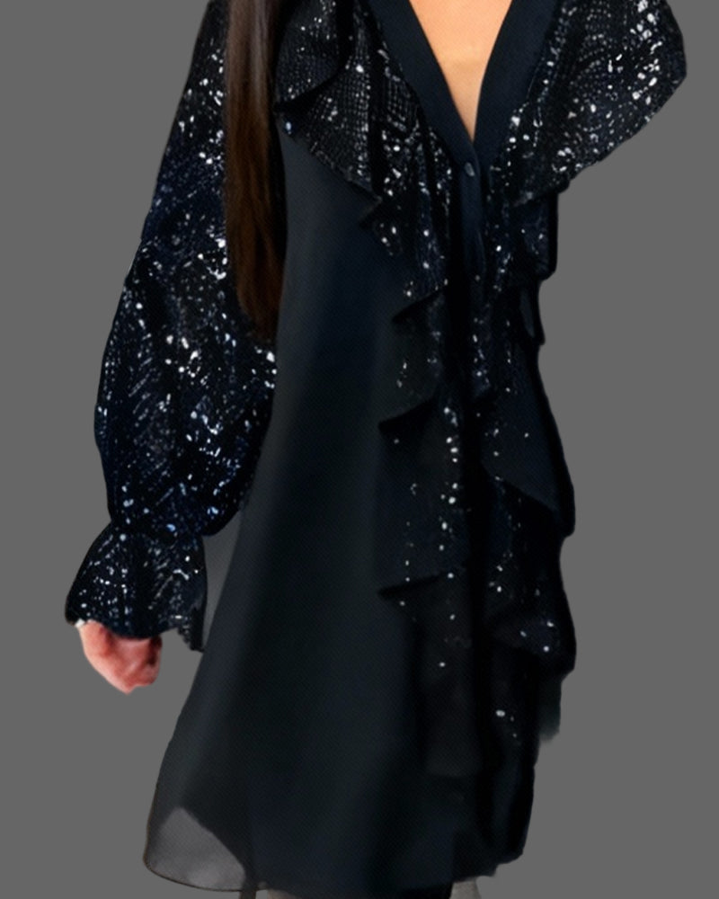 Moxie - Blusa con Volantes y Lentejuelas Brillantes con Cuello en V