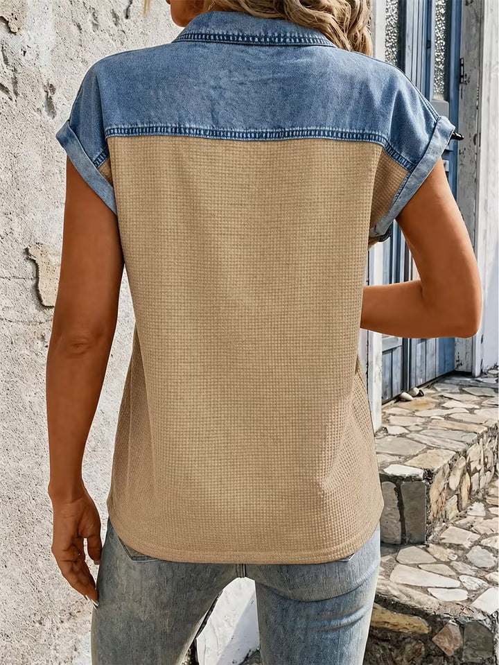 Haily - Camiseta Informal de Denim con Cuello de Patchwork y Manga Corta