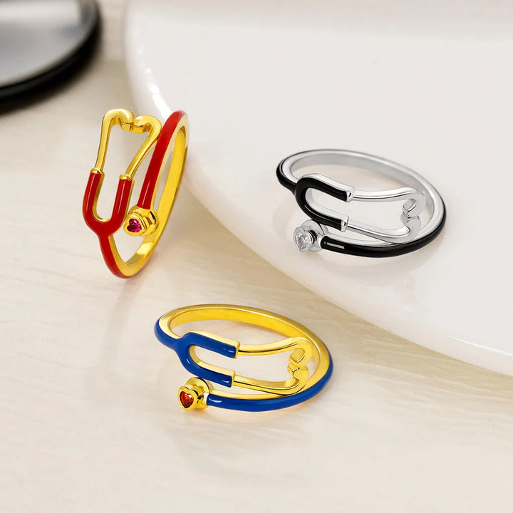 Caitleen - Anillo Estetoscopio Con Piedra Preciosa En Forma De Corazón