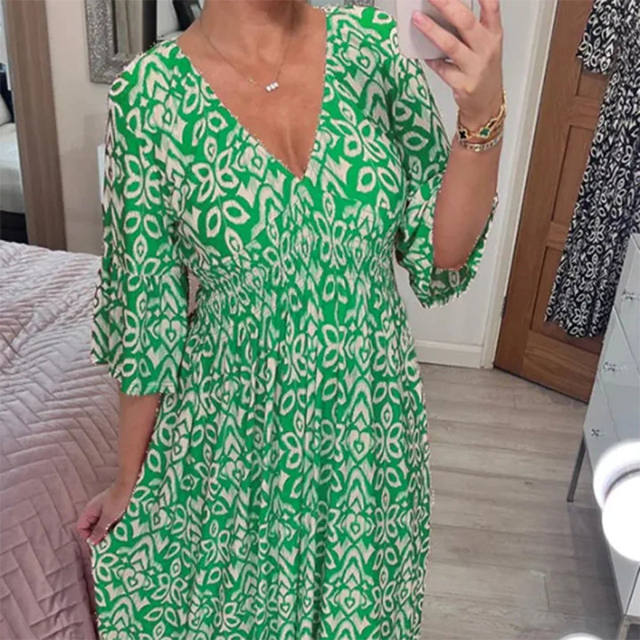 Yiska - Vestido Florales con Cuello en Pico
