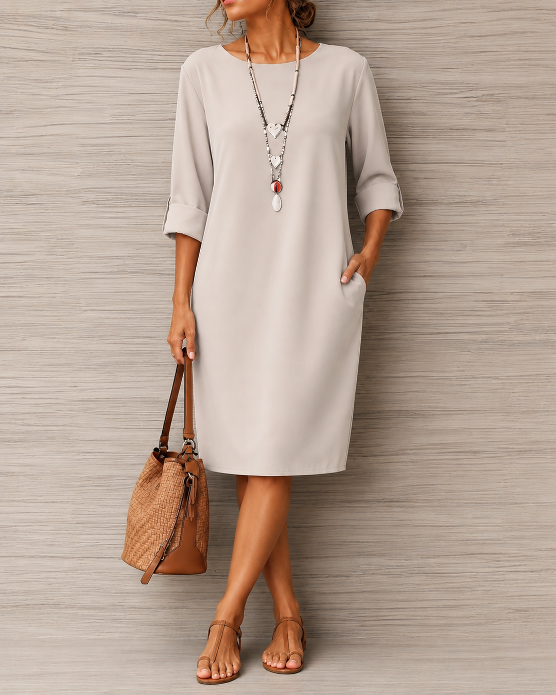 Huguette - Vestido Recto de Cuello Redondo Con Bolsillos