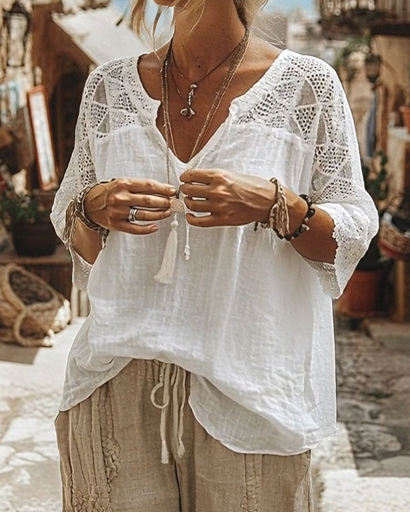 Essien - Blusa Holgada con Cuello en V y Mangas de Encaje