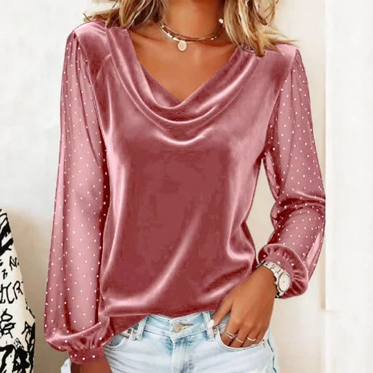Meital - Top De Manga Larga Con Cuello Abatible y Paneles