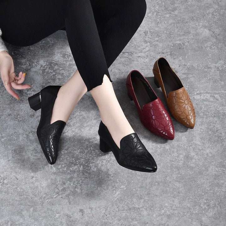 Minhora - Zapatos De Tacón Con Bloque Bordados En Cuero