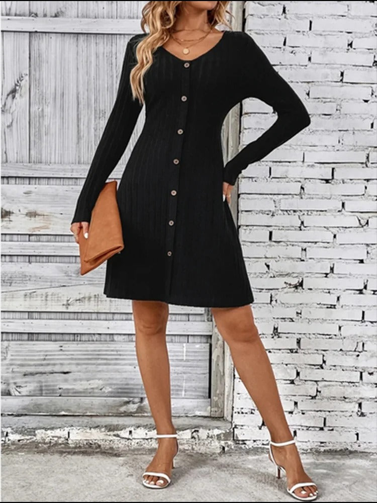 Yessie - Vestido de Botones Con Cuello en Pico