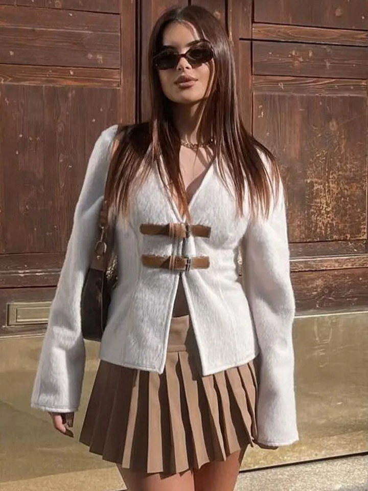 Larisa - Abrigo de Lana con Hebilla de Cuero Retro