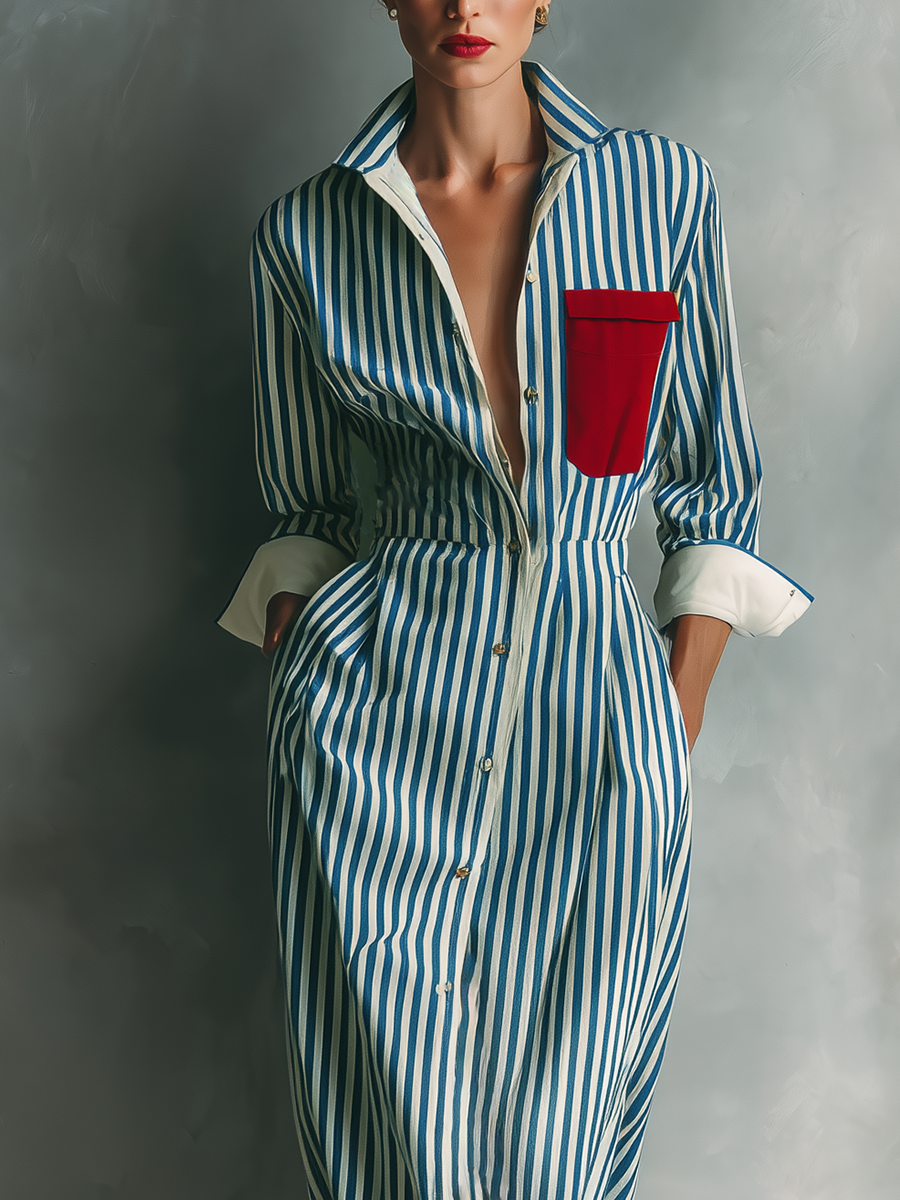Makeda - Vestido Camisero a Rayas Con Bolsillo en El Pecho