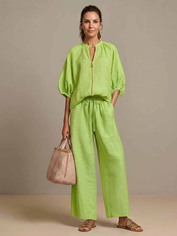 Sharina - Conjunto De Blusa Con Cremallera Y Pantalones De Pierna Ancha