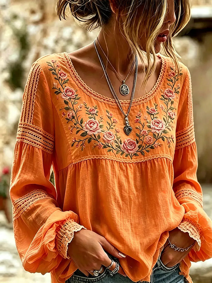 Esraa - Blusa De Lino Con Cuello Bordado Con Motivos Florales