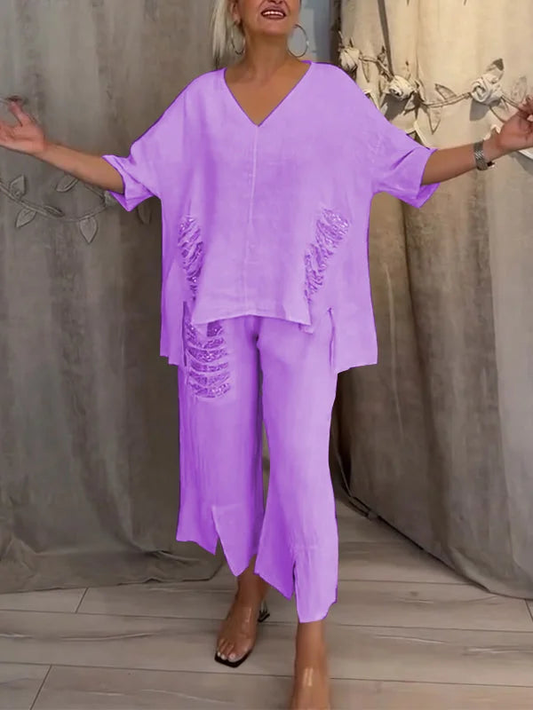 Himashi - Elegante Traje De Dos Piezas De Algodón y Lino Con Cuello En V