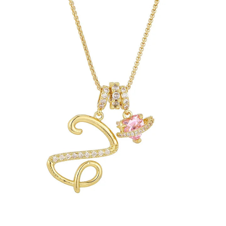 Nerute - Collar Con Inicial y Colgante de Corazón Rosa