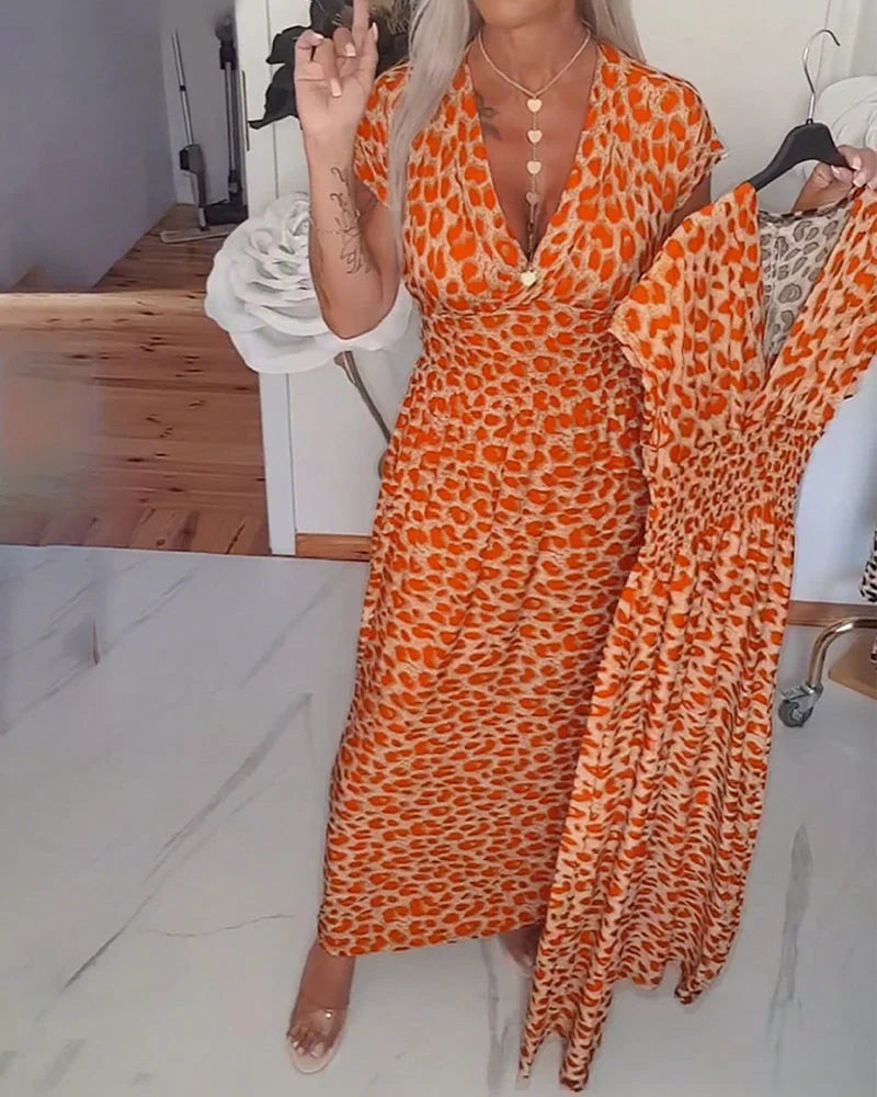 Erendira - Elegante Vestido Con Cuello En V y Estampado De Leopardo