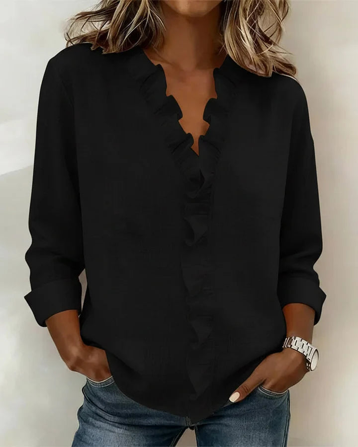 Aletta - Blusa Con Cuello En V Con Volantes y Manga Larga