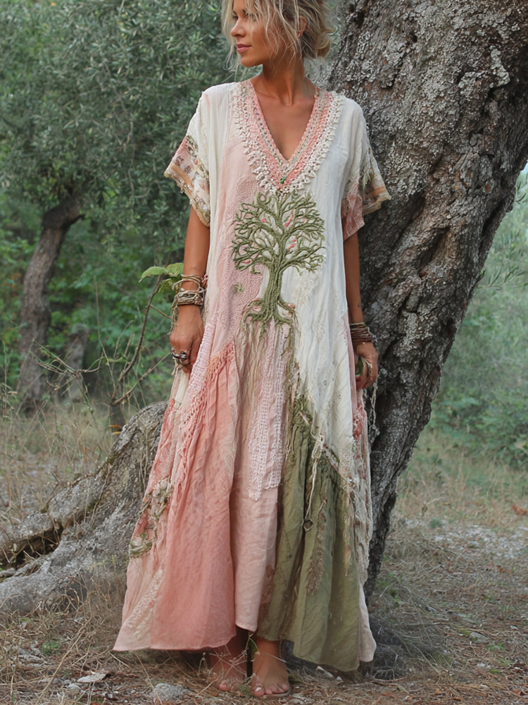 Winifred - Vestido De Manga Corta Con Estampado De Arboles Retro