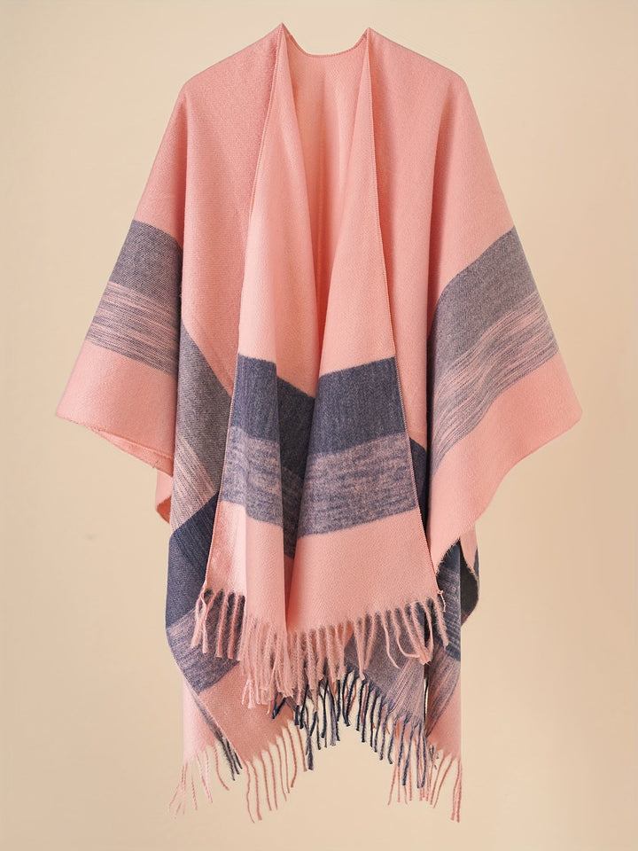 Kyrine - Poncho Chal Con Flecos Y Estampado Geométrico