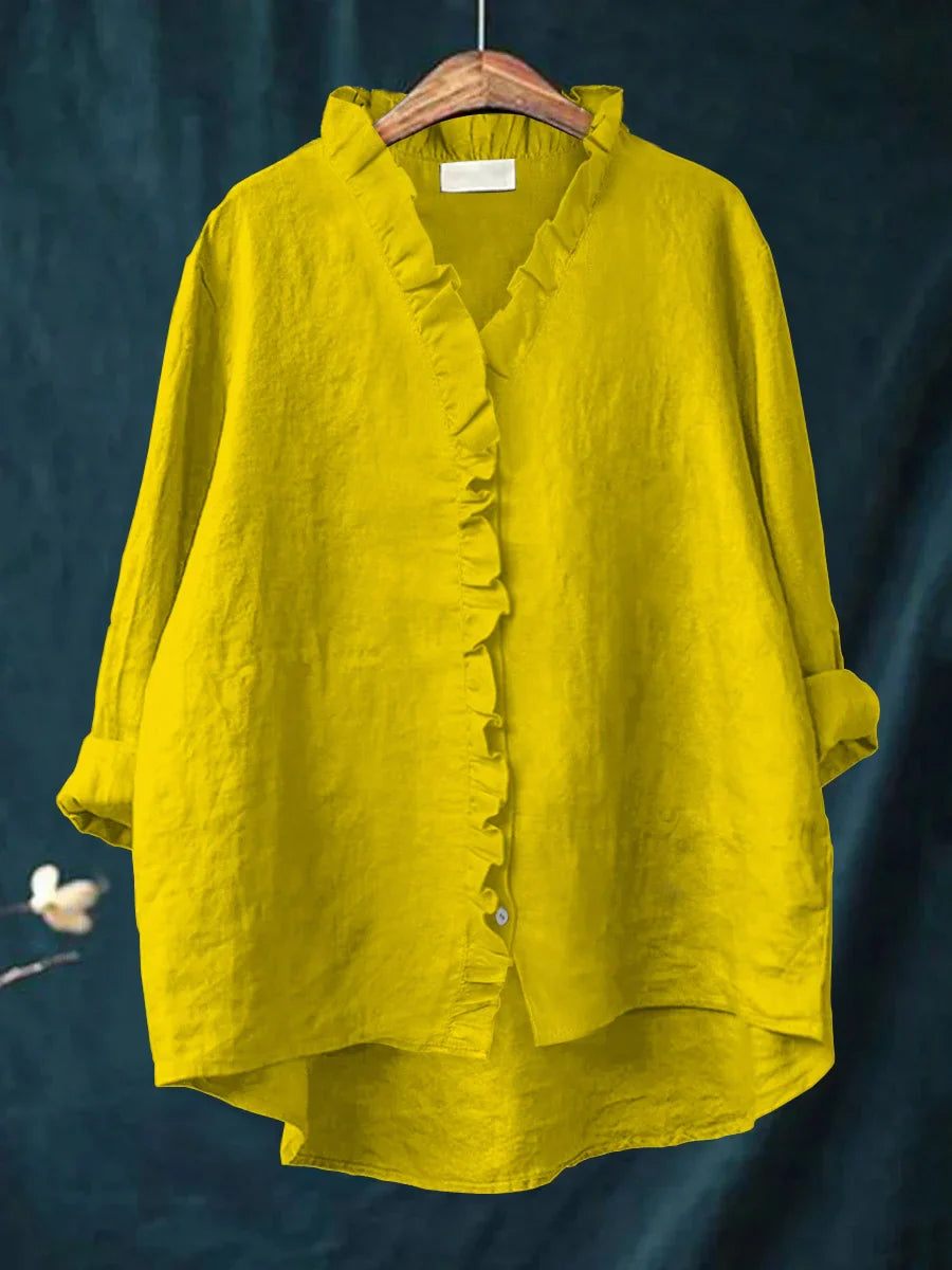 Sanela - Camisa Casual de Algodón y Lino con Volantes