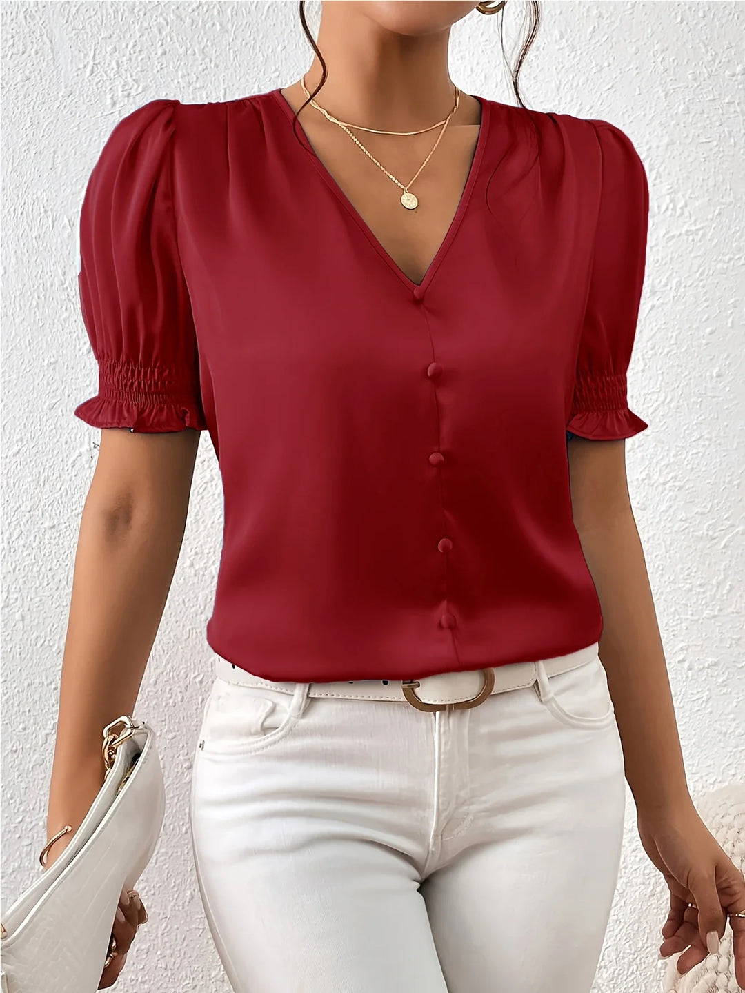 Abella - Elegante Blusa Con Cuello En V y Mangas Abullonadas