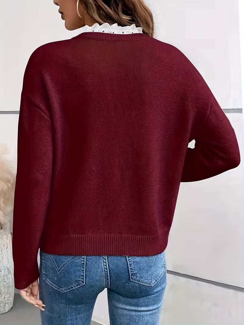 Kimbra - Elegante Jersey Con Cuello en V y Ribete De Encaje