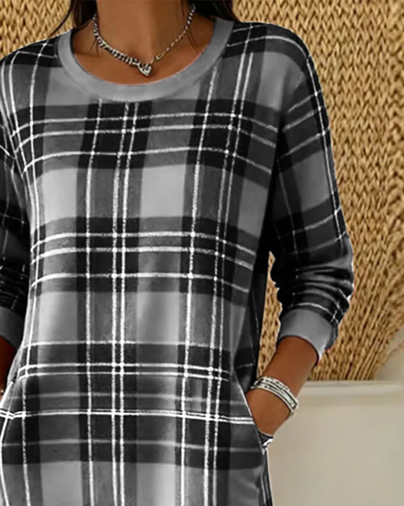 Eleven - Vestido Sudadera a Cuadros Con Manga Larga