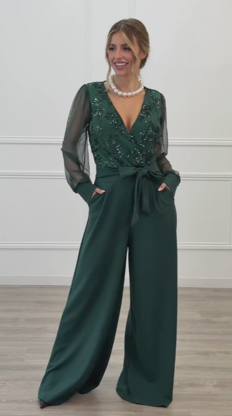 Meira - Mono Con Mangas Largas De Malla y Adornos