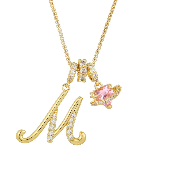 Nerute - Collar Con Inicial y Colgante de Corazón Rosa