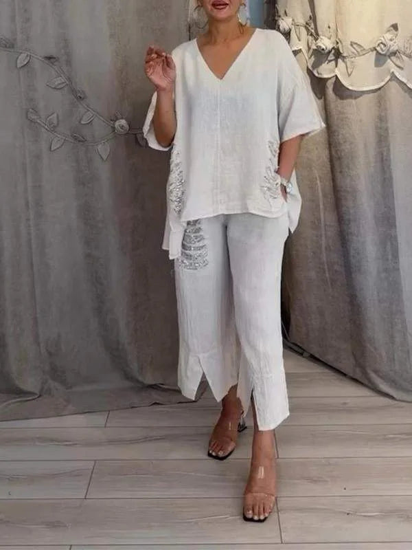 Himashi - Elegante Traje De Dos Piezas De Algodón y Lino Con Cuello En V