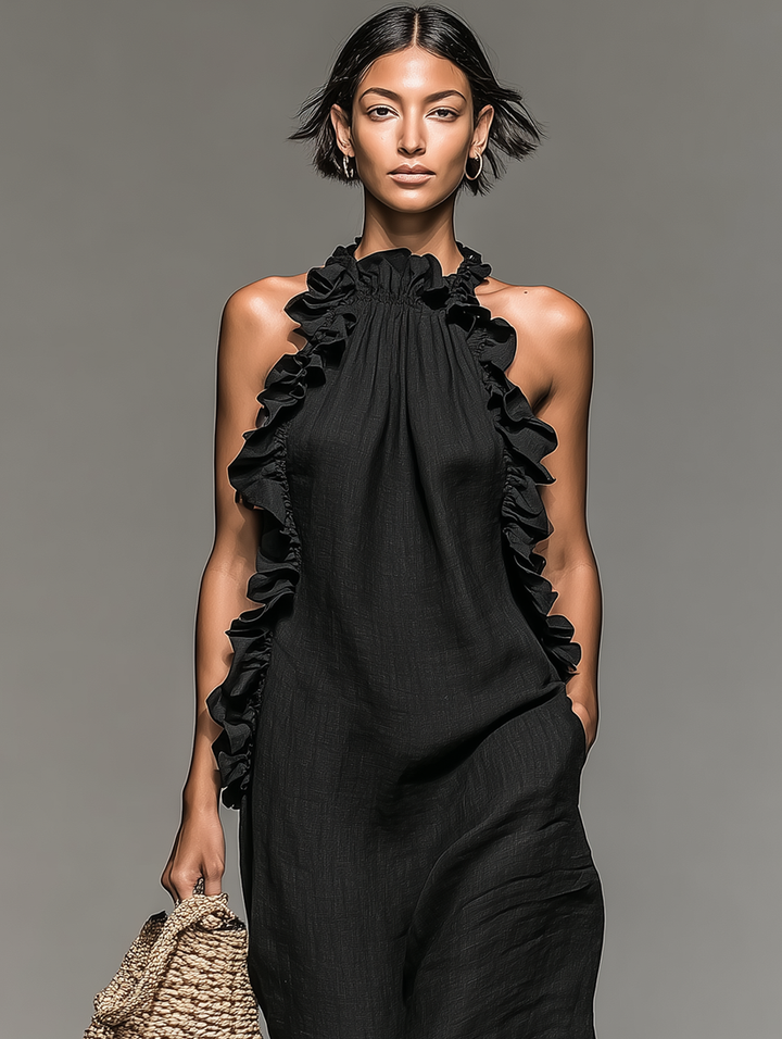 Fiora - Vestido Largo Sin Mangas, Con Volantes, Cuello Halter Y Bolsillos
